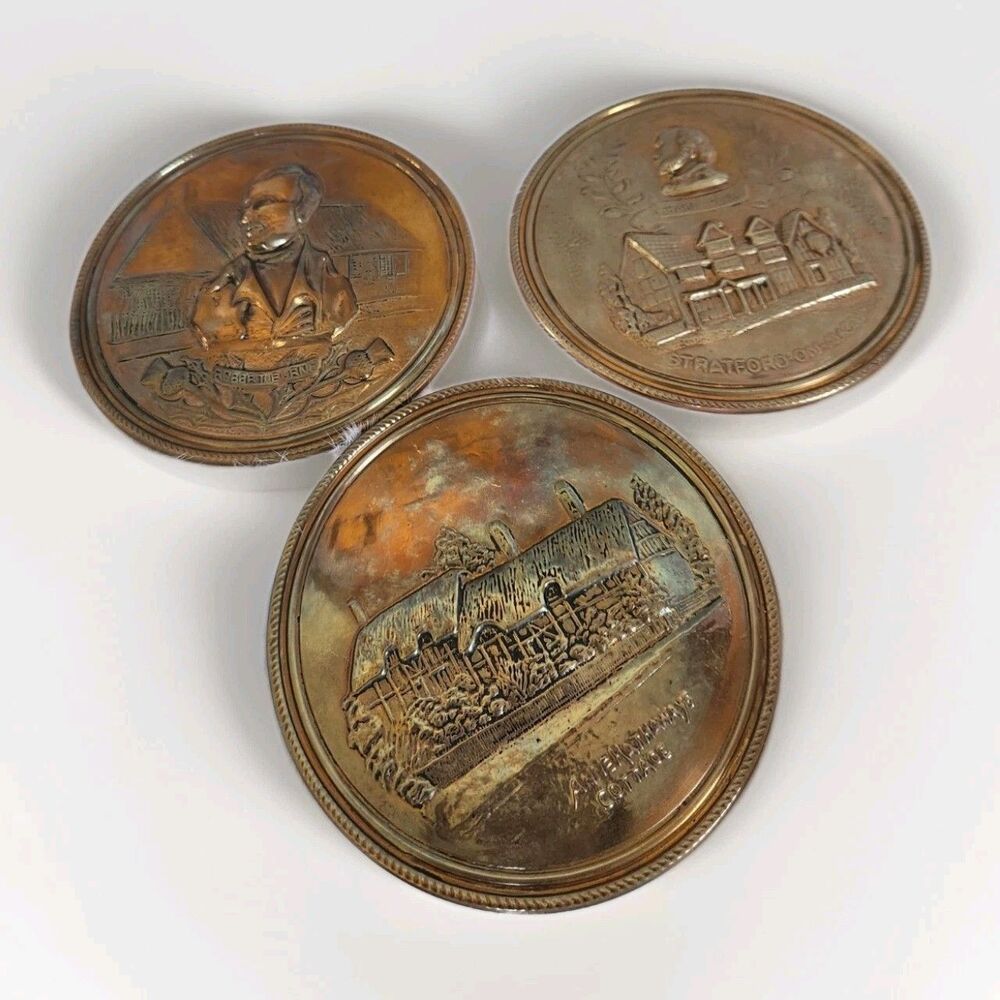 Vintage Brass Wall Plaques Set of 3 Shakespeare Landmarks Decor